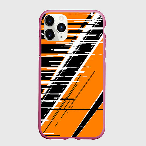 Чехол iPhone 11 Pro матовый Чёрно-белые глитч полосы на оранжевом фоне / 3D-Малиновый – фото 1