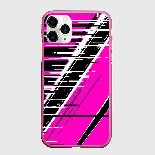 Чехол iPhone 11 Pro матовый Чёрно-белые глитч полосы на розовом фоне / 3D-Малиновый – фото 1