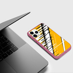 Чехол iPhone 11 Pro матовый Чёрно-белые глитч полосы на жёлтом фоне, цвет: 3D-малиновый — фото 2