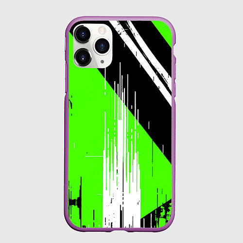 Чехол iPhone 11 Pro матовый Вертикальные чёрные линии на зелёно-белом фоне / 3D-Фиолетовый – фото 1