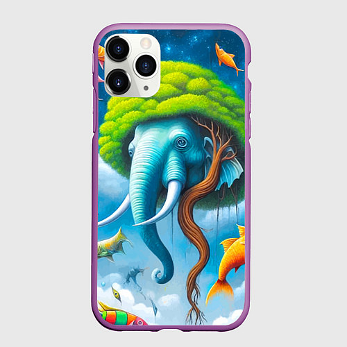 Чехол iPhone 11 Pro матовый Сюрреализм со слоном и рыбами - нейроарт фантазия / 3D-Фиолетовый – фото 1
