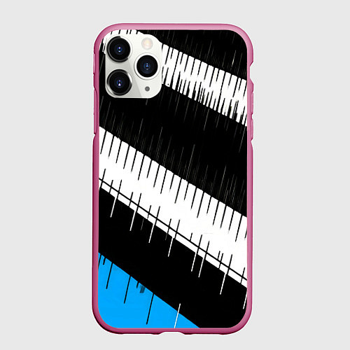Чехол iPhone 11 Pro матовый Диагональные чёрно-белые полосы на синем фоне / 3D-Малиновый – фото 1