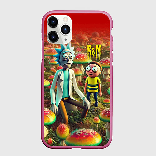 Чехол iPhone 11 Pro матовый Рик и Морти заблудились в мухоморном поле / 3D-Малиновый – фото 1