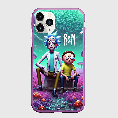 Чехол iPhone 11 Pro матовый Рик и Морту на сказочной грибной планете - нейроар / 3D-Фиолетовый – фото 1