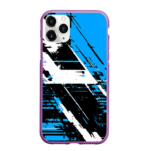 Чехол iPhone 11 Pro матовый Diagonal black and white stripes on a blue backgro / 3D-Фиолетовый – фото 1