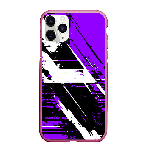 Чехол iPhone 11 Pro матовый Diagonal black and white stripes on a purple backg / 3D-Малиновый – фото 1