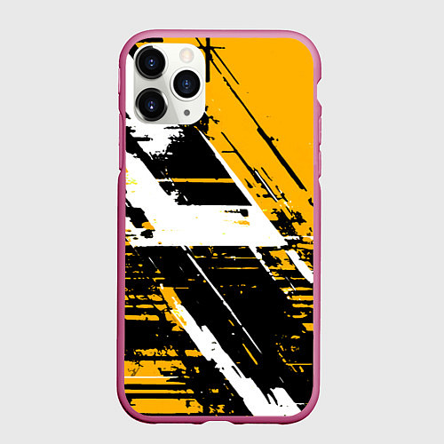 Чехол iPhone 11 Pro матовый Diagonal black and white stripes on a yellow backg / 3D-Малиновый – фото 1