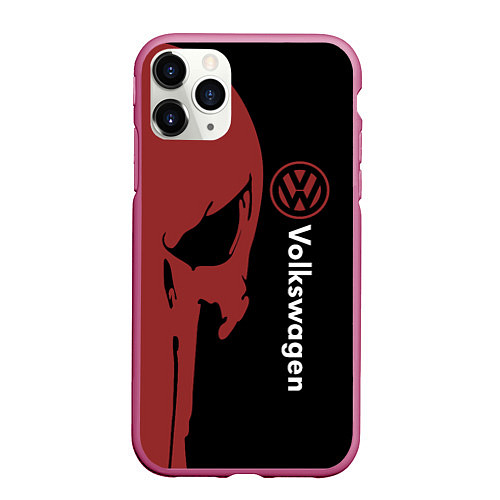 Чехол iPhone 11 Pro матовый Volkswagen и череп / 3D-Малиновый – фото 1