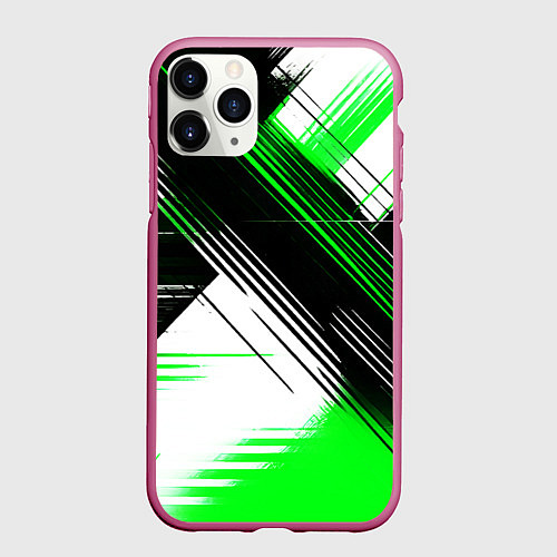Чехол iPhone 11 Pro матовый Диагональные зелёно-чёрные линии на белом фоне / 3D-Малиновый – фото 1