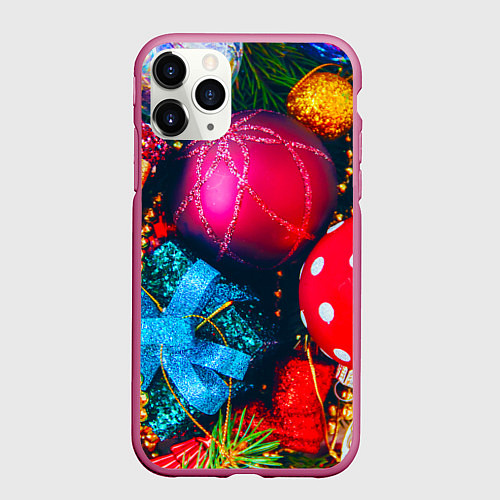 Чехол iPhone 11 Pro матовый Новогодние ёлочные игрушки / 3D-Малиновый – фото 1