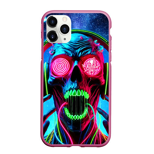 Чехол iPhone 11 Pro матовый Metallica - neon skull with headphones / 3D-Малиновый – фото 1