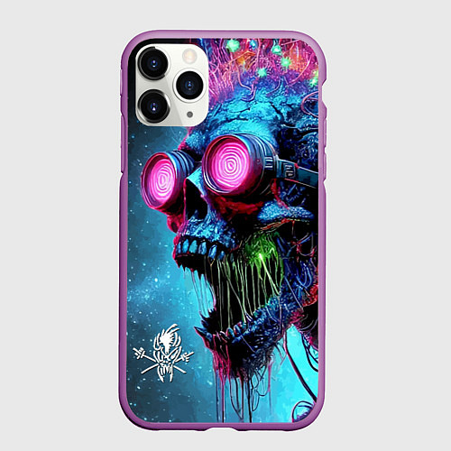 Чехол iPhone 11 Pro матовый Metallica - crazy skeleton with headphones / 3D-Фиолетовый – фото 1