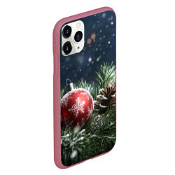 Чехол iPhone 11 Pro матовый Новогодний шар и шишка, цвет: 3D-малиновый — фото 2