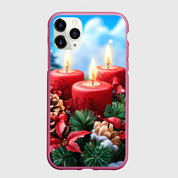Чехол iPhone 11 Pro матовый Рождество - свечи и шишки, цвет: 3D-малиновый