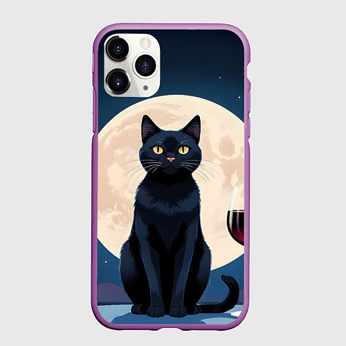 Чехол iPhone 11 Pro матовый Кот с вином под луной / 3D-Фиолетовый – фото 1