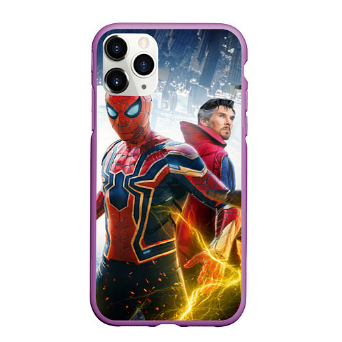 Чехол iPhone 11 Pro матовый Стивен Стрэндж и Человек паук нет пути домой / 3D-Фиолетовый – фото 1