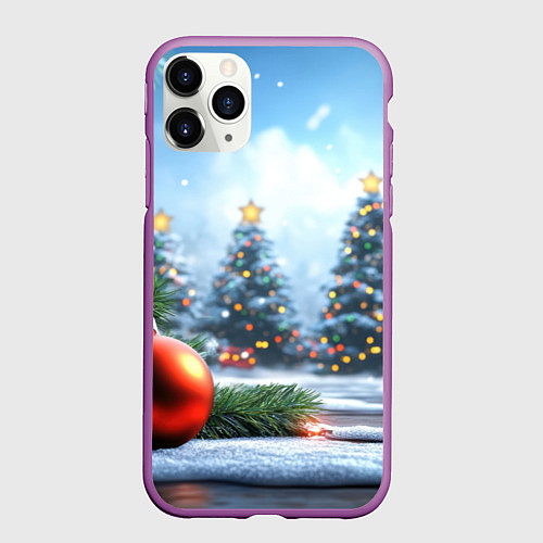 Чехол iPhone 11 Pro матовый Новогодние елки и шар / 3D-Фиолетовый – фото 1
