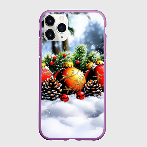 Чехол iPhone 11 Pro матовый Красные и желтый новогодние шары / 3D-Фиолетовый – фото 1