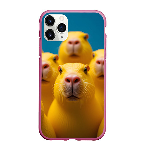 Чехол iPhone 11 Pro матовый Желтые капибары / 3D-Малиновый – фото 1