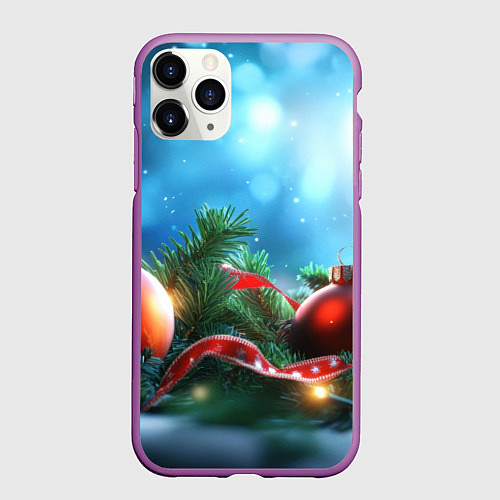 Чехол iPhone 11 Pro матовый Красные игрушки новогодние / 3D-Фиолетовый – фото 1