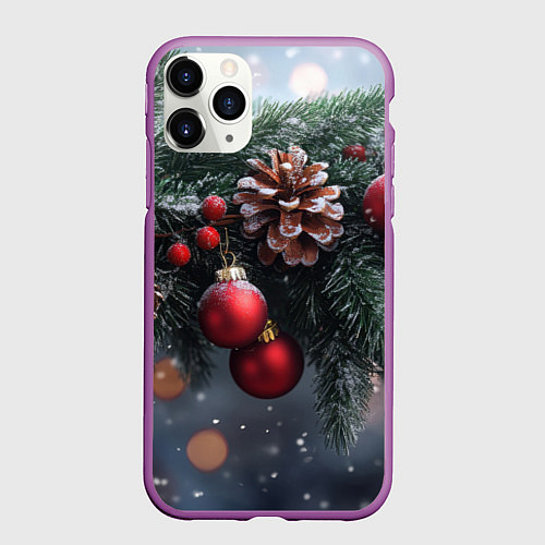 Чехол iPhone 11 Pro матовый Красные игрушки на елке и шишки / 3D-Фиолетовый – фото 1