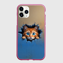 Чехол iPhone 11 Pro матовый Выглядывающий котенок, цвет: 3D-малиновый