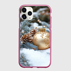 Чехол iPhone 11 Pro матовый Золотой новогодний шар, цвет: 3D-малиновый