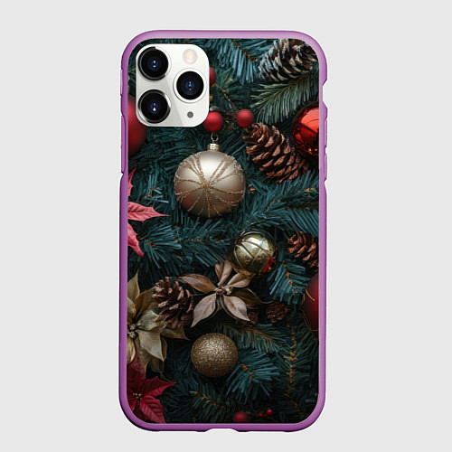 Чехол iPhone 11 Pro матовый Новогодние украшения на елочке / 3D-Фиолетовый – фото 1