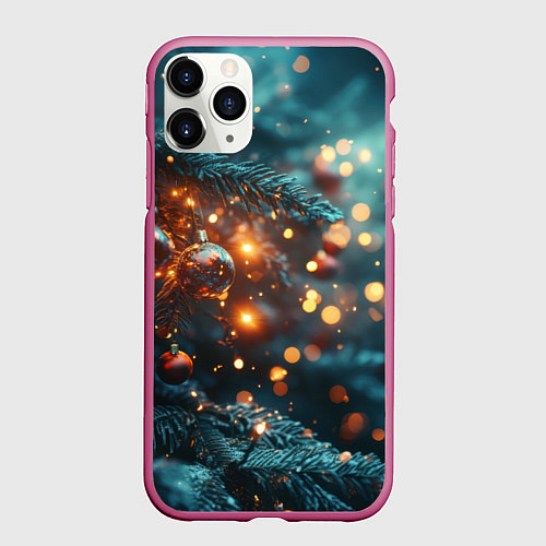 Чехол iPhone 11 Pro матовый Елочные шары и боке / 3D-Малиновый – фото 1