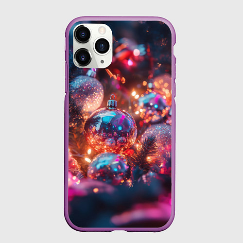 Чехол iPhone 11 Pro матовый Новогодние шары и фиолетовые блески / 3D-Фиолетовый – фото 1