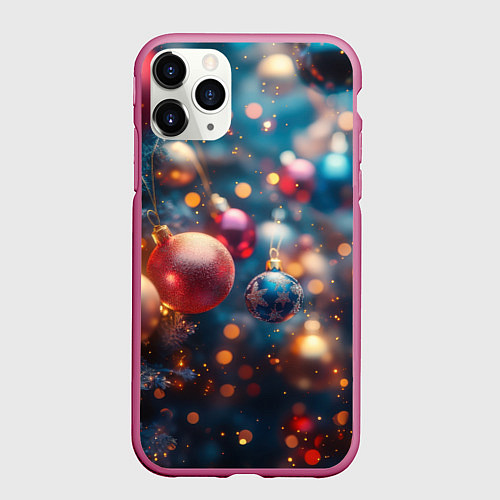 Чехол iPhone 11 Pro матовый Красные и синие шары на фоне елки / 3D-Малиновый – фото 1