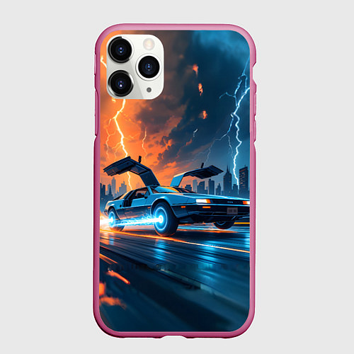 Чехол iPhone 11 Pro матовый Автомобиль и ночные молнии / 3D-Малиновый – фото 1