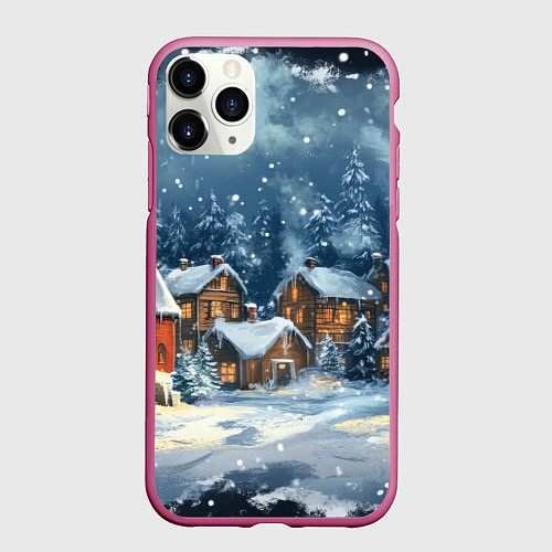 Чехол iPhone 11 Pro матовый Заснеженный предновогодний город / 3D-Малиновый – фото 1