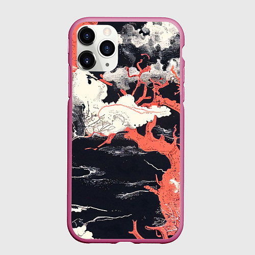 Чехол iPhone 11 Pro матовый Паттерн с деревьями в японском стиле - нейросеть / 3D-Малиновый – фото 1