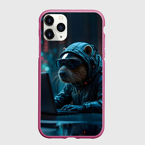 Чехол iPhone 11 Pro матовый Капибара айтишник / 3D-Малиновый – фото 1
