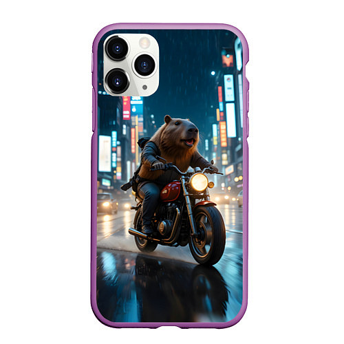 Чехол iPhone 11 Pro матовый Капибара байкер / 3D-Фиолетовый – фото 1