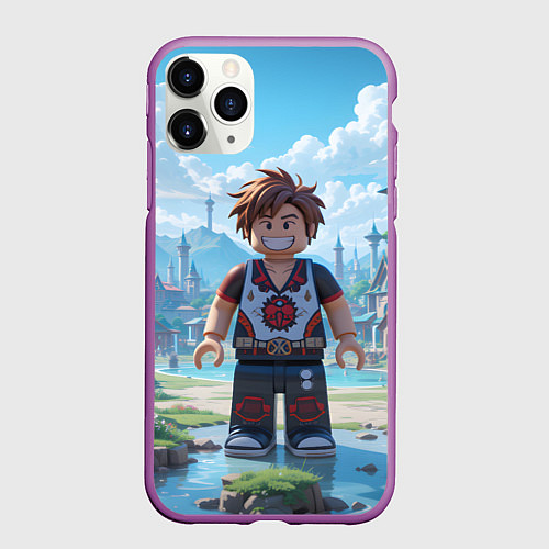 Чехол iPhone 11 Pro матовый Роблокс улыбающийся человечек / 3D-Фиолетовый – фото 1