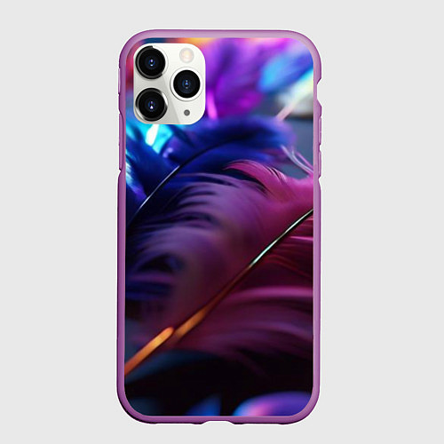 Чехол iPhone 11 Pro матовый Перья неоновой птицы / 3D-Фиолетовый – фото 1