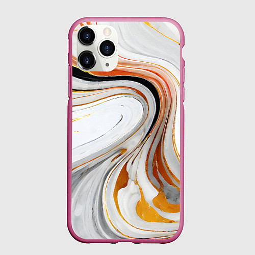 Чехол iPhone 11 Pro матовый Волнистые чёрно-жёлтые линии на белом фоне / 3D-Малиновый – фото 1