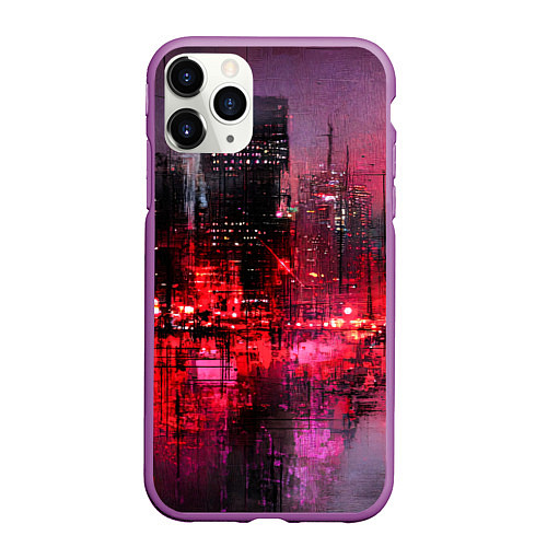 Чехол iPhone 11 Pro матовый Огни города мастихином - нейросеть / 3D-Фиолетовый – фото 1