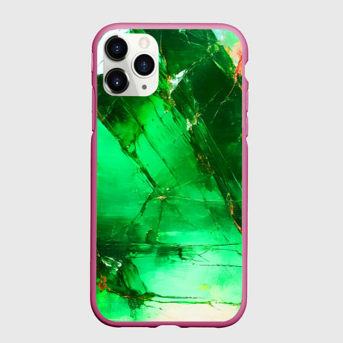 Чехол iPhone 11 Pro матовый Зелёное треснувшее стекло / 3D-Малиновый – фото 1