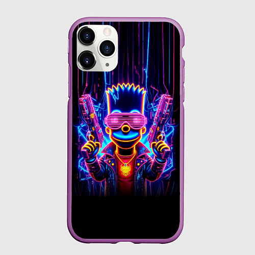 Чехол iPhone 11 Pro матовый Барт Симпсон с двумя пистолетами - неон / 3D-Фиолетовый – фото 1