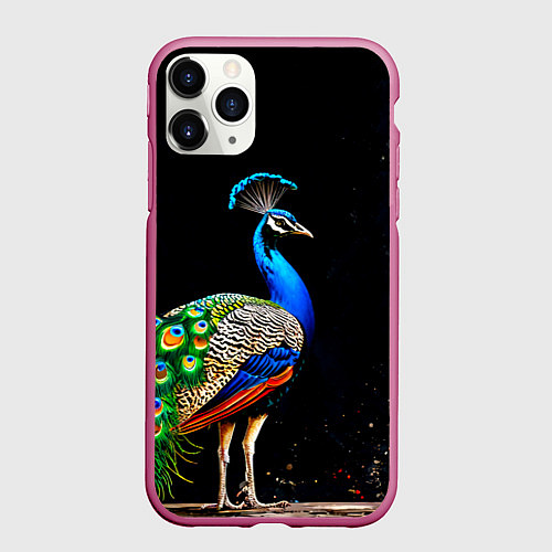 Чехол iPhone 11 Pro матовый Павлин на черном / 3D-Малиновый – фото 1
