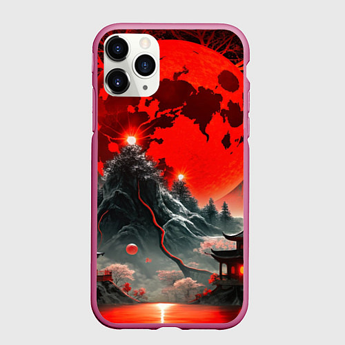 Чехол iPhone 11 Pro матовый Японская черная гора / 3D-Малиновый – фото 1