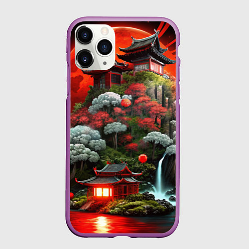 Чехол iPhone 11 Pro матовый Японская гора природа / 3D-Фиолетовый – фото 1