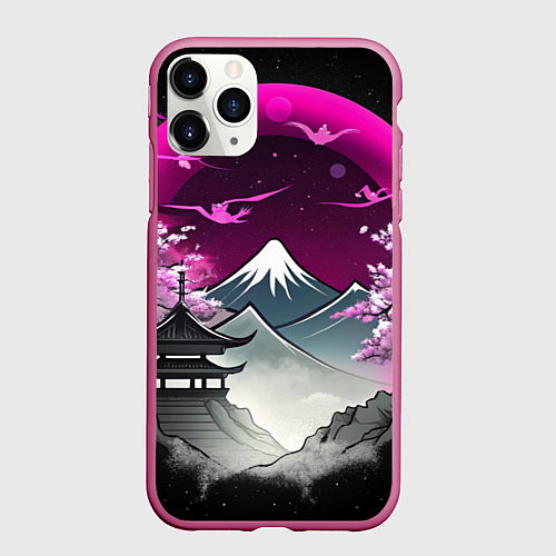 Чехол iPhone 11 Pro матовый Горы и сакура в Японии / 3D-Малиновый – фото 1