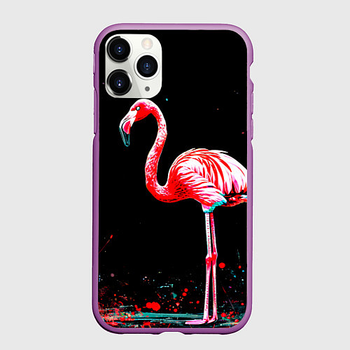 Чехол iPhone 11 Pro матовый Фламинго на черном / 3D-Фиолетовый – фото 1