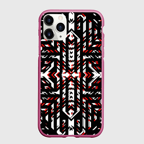 Чехол iPhone 11 Pro матовый Чёрно-красные диагональные полосы на белом фоне / 3D-Малиновый – фото 1