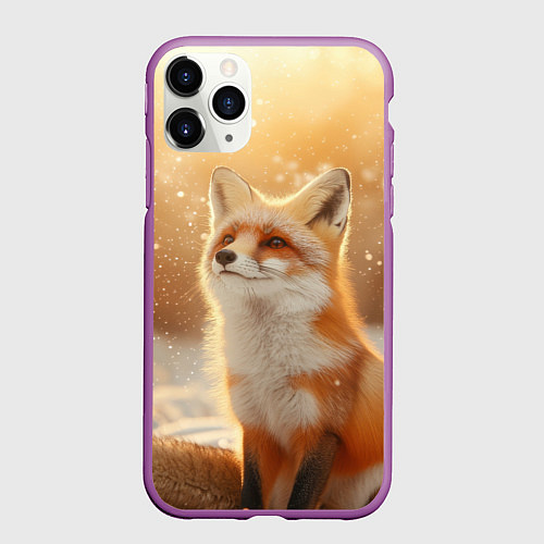 Чехол iPhone 11 Pro матовый Лисица в снежном лесу / 3D-Фиолетовый – фото 1