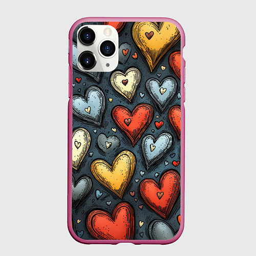 Чехол iPhone 11 Pro матовый Разноцветные сердца / 3D-Малиновый – фото 1